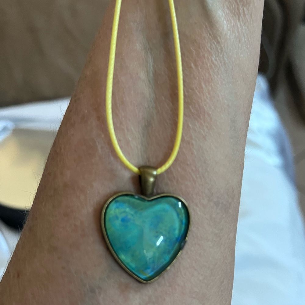 Heart Pendant Necklace Blue-Green Marbled Stone Yellow Cord 16”+ 2”